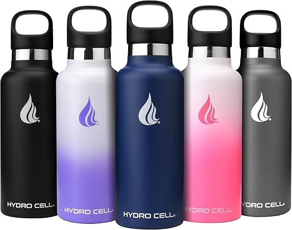 HYDRO CELL Stainless Steel Water Bottle with Straw & 2 Standard Mouth Lids (32oz 24oz 20oz 16oz) Keeps Liquids Hot or Cold w/Double Wall Vacuum Insulated Leak Proof Sport Design (Navy 20oz)