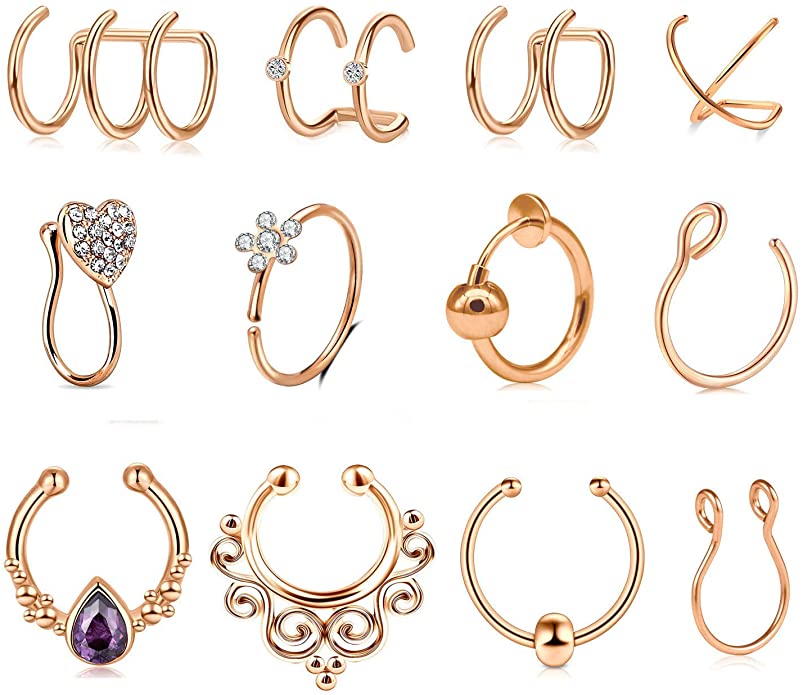 Briana Williams Fake Septum Nose Rings Stainless Steel Ear Cuff Ear Clips On Non Piercing Cartilage Earrings Faux Nose Suptum Ring Set for Men Women Various Styles Faux Body Piercing Jewelry