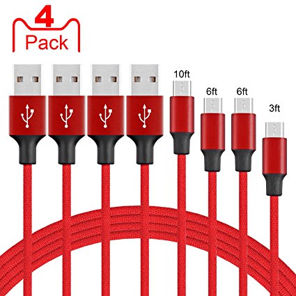 Micro USB Cable 4 Pack 10FT 6FT 6FT 3FT, UPMSX Nylon Braided High Speed USB to Micro USB Charging Cable, Sync and Charging Cord for Samsung, Nexus, LG, HTC, Motorola, Android Smartphone etc [Red]