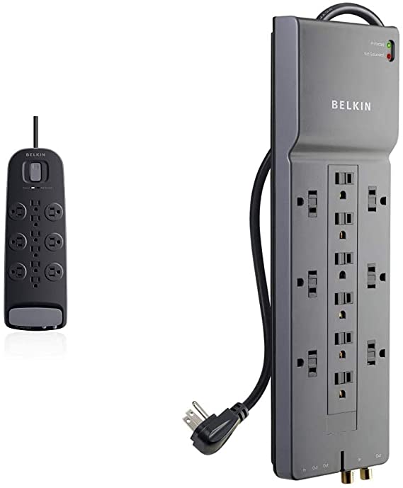 Belkin 12-Outlet Power Strip Surge Protector, Flat Plug, 8ft Cord (4,000 Joules) & 12-Outlet Power Strip Surge Protector, 8ft Cord(3,940 Joules), Gray