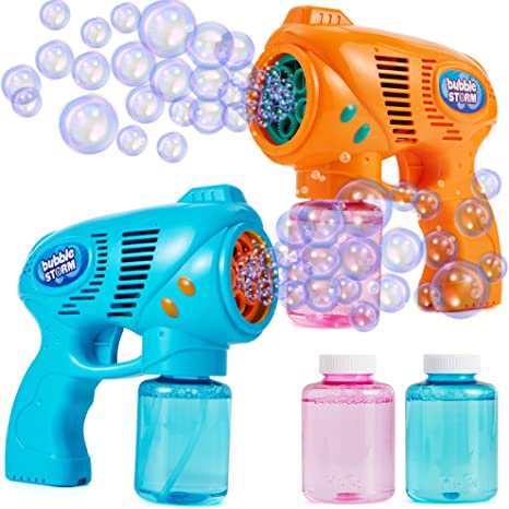 JOYIN 2 Bubble Guns with 2 Bubble Refill Solution (10 oz Total), Automatic Bubble Maker Blower Machine for Kids, Toddlers, Outdoors, Party, Birthday Gift, Easter Bubble Toys (Blue, Orange)