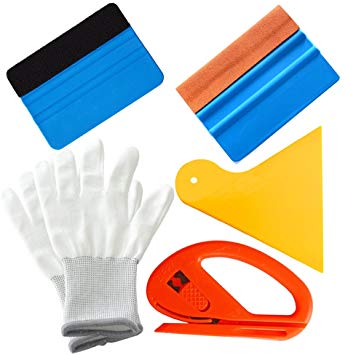 EEFUN 5 in 1 Installation Tool Kit For Car Window Wrapping Tint Vinyl With Snitty Cutter, Yellow Pp Squeegee, Black Fiber Edge Squeegee, Orange Suede Edge Squeegee, Working Gloves