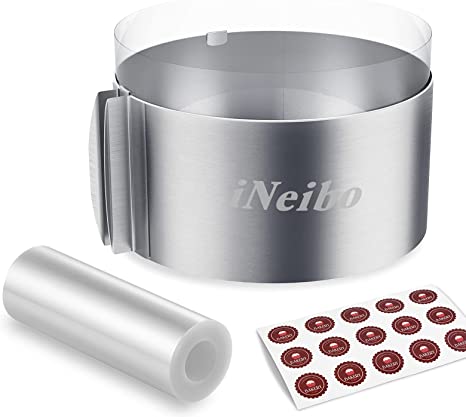 iNeibo Cake Ring and Cake Collar Set, 6 to 12 Inch Adjustable Cake Mousse Mould Set with 6inch Clear Cake Roll, Stainless Steel Pastry Ring, Mousse Ring, Ring Mold for Baking