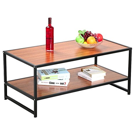 Yaheetech Modern Living Room 2 Shelf/Tier Large Rectangle Wood Coffee Table Metal Legs Sofa Side End Tables with Storage Shelves (Black & Brown)