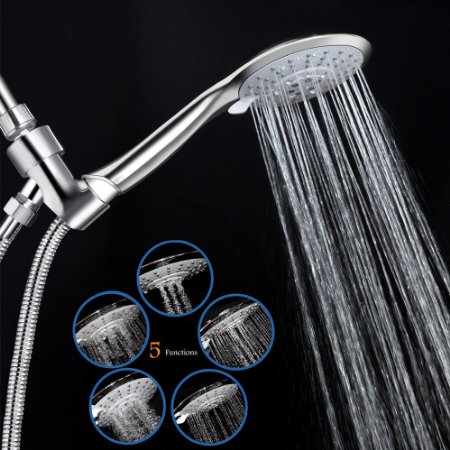YAWALL Series Rainfall Handheld Shower Head,Polished Chrome with 5-Setting Spiral , Include 5 Feet Extra Long Stainless Steel Hose, Stay-Put holder & Teflon Taper