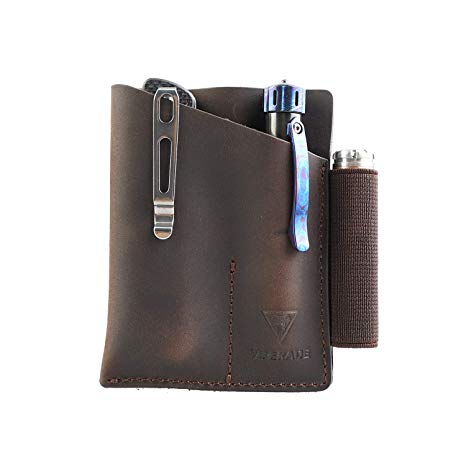 VIPERADE PJ12 Small EDC Leather Pocket Organizer for AA/AAA Flashlights, Mini Pocket Knives, Double EDC Pocket Leather Slip, Knife Organizer Leather Sheath, Flashlight Leather Holster with Clip(Brown)