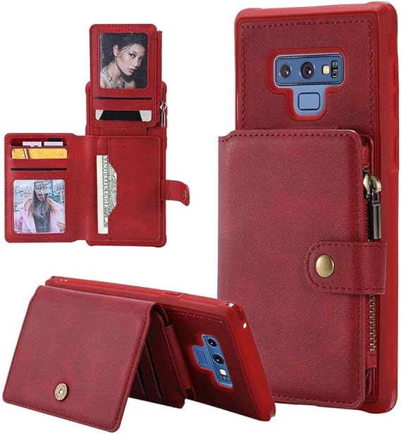 for Samsung Galaxy Note 9 Zipper Wallet Case,Aearl Samsung Note 9 Flip Folio Credit Card Slot Money Pocket Magnetic Detachable Buckle Wallet Phone Case for Women Men- Red