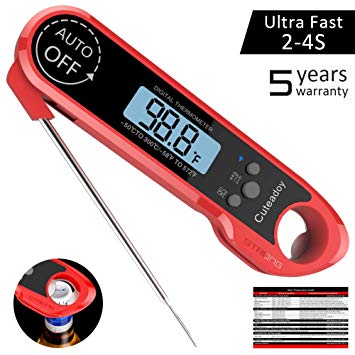 Meat Thermometer,Cuteadoy IP67 Waterproof Fast Folding Digital Instant Read Thermometer BBQ Thermometer with Calibration and Backlit Function Cooking Thermometer for Food,Milk,Grill,Bath (Red)