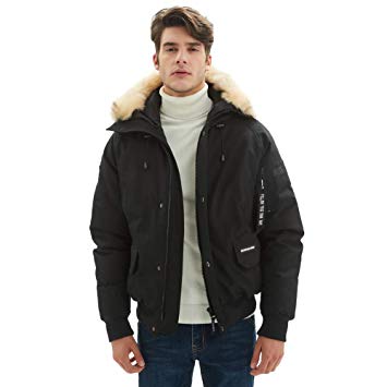 PUREMSX Mens Bomber Jacket, Winter Fashion Hooded Classic Down Alternative Flight Windbreaker Jacket