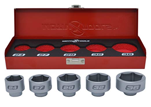 Motivx Tools 5pc Cartridge Style Oil Filter Socket Set - Includes 24mm, 27mm, 29mm, 32mm, and 36mm - In Metal Case