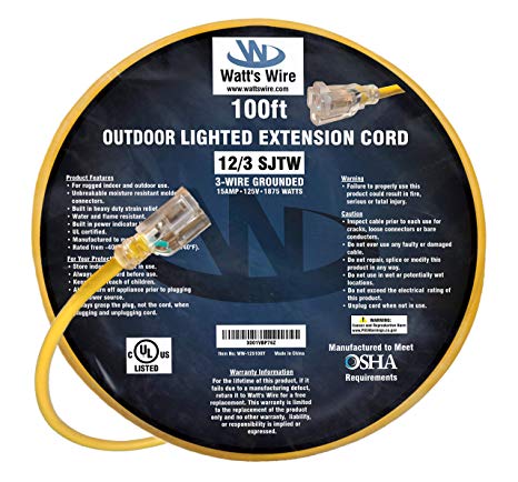 100-ft 12/3 Heavy Duty Lighted SJTW Indoor/Outdoor UL Listed Extension Cord by Watt's Wire - Long Yellow 100' 12-Gauge Grounded 15-Amp Three-Prong Power-Cord (100 foot 12-Awg)