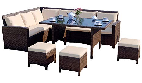 Abreo 9 Seater Rattan Corner Garden Sofa Dining Set Furniture INCLUDES PROTECTIVE COVER Black Brown Dark Mixed Grey (Brown With Light Cushions)   COVER