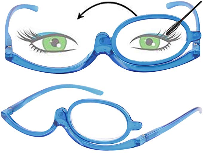 SOOLALA 2 Pack Womens Magnifying Eye Make Up Spectacles Flip Down Lens Folding Cosmetic Reading Glasses, 2Blue, 3.5