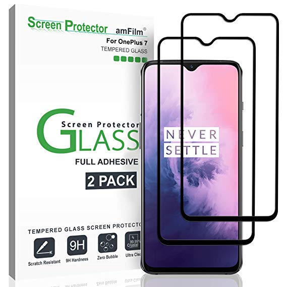 amFilm Glass Screen Protector for OnePlus 7 (2 Pack) Tempered Glass, Full Screen Adhesive 2019 (Black)