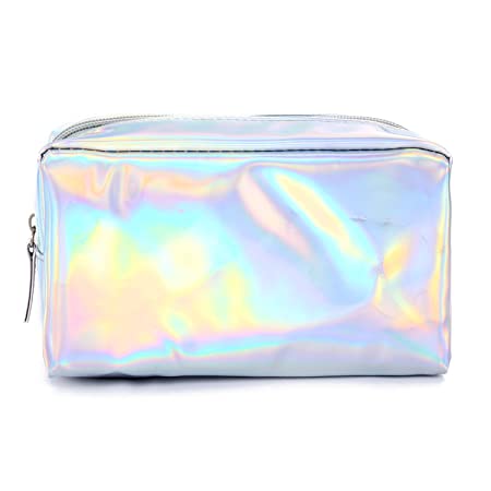 PU Leather Holographic Makeup Pouch Cosmetic Bag Waterproof Toiletries Organizer Pen Bag for Women and Girls (Silver)