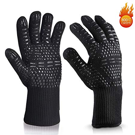 Aibeau BBQ Gloves Grill Gloves, Heat Resistant Up to 800 ° C Universal Size Oven Gloves Cooking Gloves for BBQ, Grill, Cooking, Baking - Black