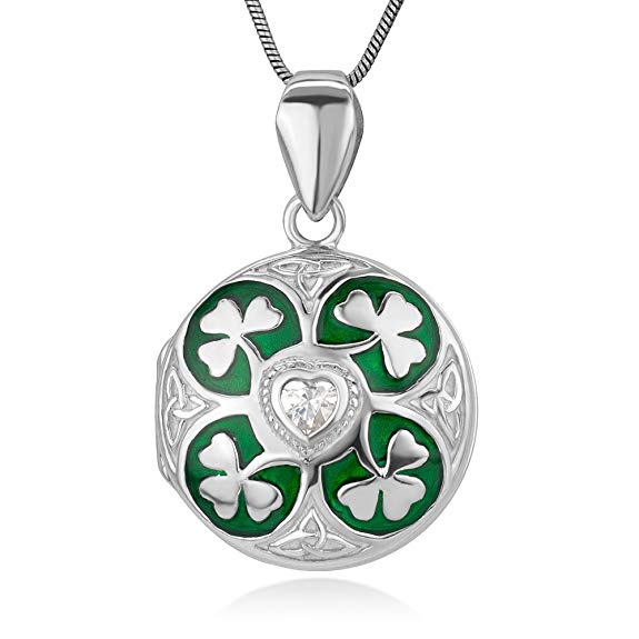 Sterling Silver Green Lucky Shamrock Leaves CZ Heart Trinity Celtic Knot Locket Necklace 18"