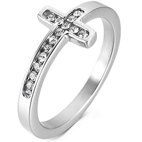 INBLUE Women's Stainless Steel Ring Band CZ Silver Tone Cross Wedding