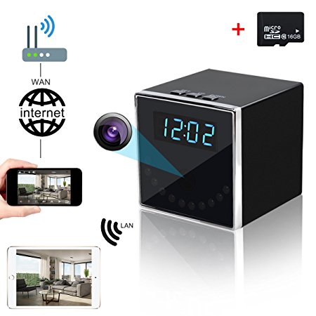 Corprit Wireless Hidden Spy Camera HD 1080P WiFi Home Security Camera Black Cube Table Alarm Clock Surveillance Mini DVR,16GB Micro SD Card Included