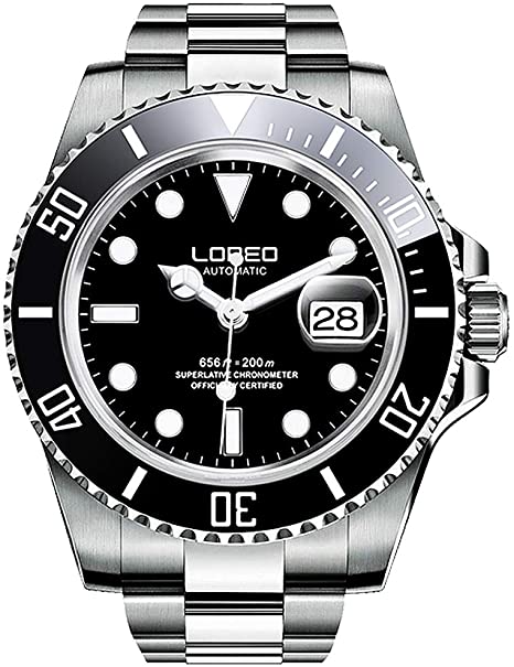LOREO Luxury Mens Silver Stainless Steel Luminous Sapphire Glass Black Rotating Bezel Date Waterproof Business Men's Automatic Watch