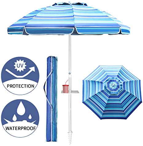 Aclumsy 7ft Beach Umbrella with Tilt Aluminum Pole and UPF 50 , Air Vents Design and Portable Sun Shelter for Sand and Outdoor Activities - Blue White Stripe