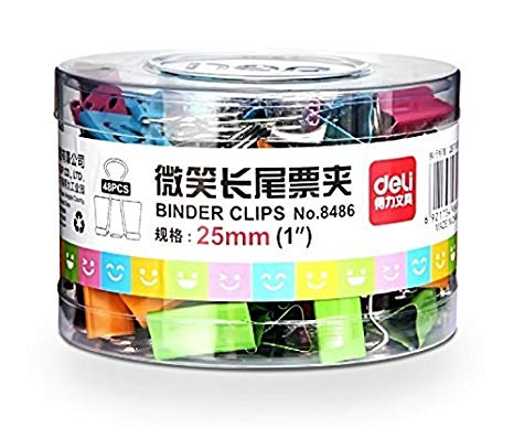 Deli Smiling Binder Clips ,1-inch Wide , Four Colors ,48 Clips Per Pack, No.8486