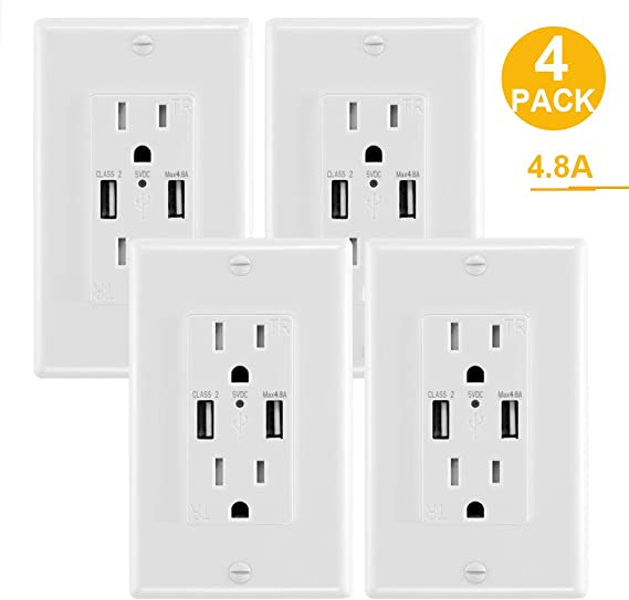 4.8A USB Wall Outlet Fast Charge - Duplex 15A Tamper Resistant Socket USB Outlets Receptacle - ETL Listed Dual High-Speed Charger USB Electrical Outlets - Wall Plate Included, White (4-Pack)