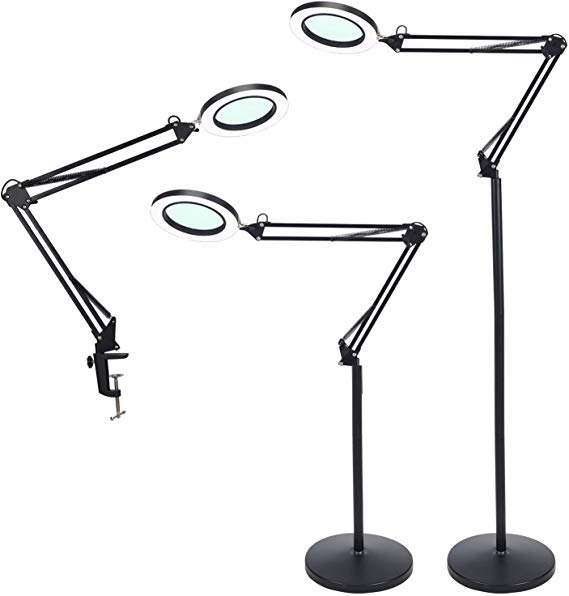 Psiven Magnifying Glass Floor Lamp, Dimmable LED Magnifying Lamp with Clamp - 12W, 3 Lighting Modes, 5 Diopter, Height Adjustable - Super Bright Floor Lamp with Magnifier for Reading, Craft, Task