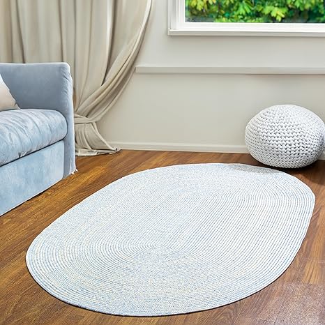 Super Area Rugs Blue, Beige Braided Rug Farmhouse Kitchen Braided Rugs - Washable Area Rug - Rustic Rug for Under Coffee Table - Oval 4' X 6'