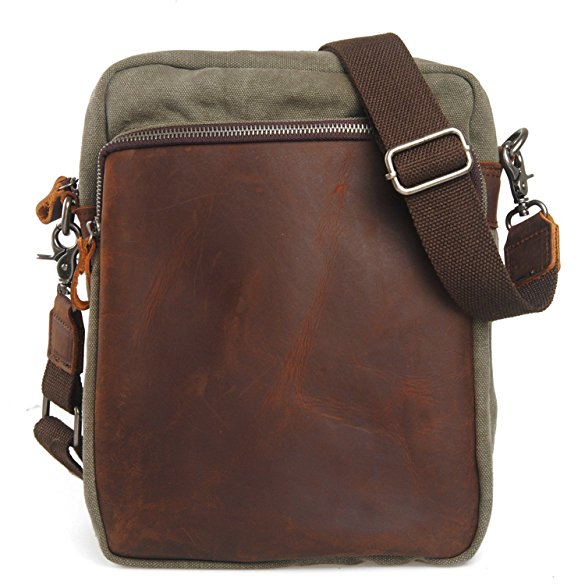 CLELO Small Vintage Genuine Leather Canvas Crossbody Messenger Shoulder Bag