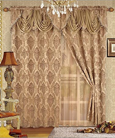 Fancy Collection Luxury Embroidered Curtain Set 4 Piece Gold Drapes with Backing & Valance & Tie Backs New # B-438