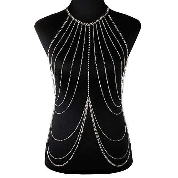 DOTASI Women Bikini Belly Chain Tassel Crossover Body Chain Necklace(Silver )