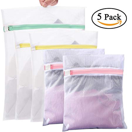 PAPRMA Set of 5 Delicates Mesh Laundry Bags with Premium Zipper for Clothing, Blouse, Hosiery, Stocking, Underwear, Bra and Lingerie, Travel Laundry Bag (1 large, 2 medium & 2 small)