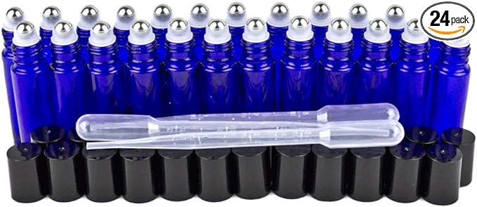 24 Glass Cobalt Blue Essential Oils Roller Bottles Refillable 10 ml Roll On Perfume/Aromatherapy/Organic Beauty Bottles with Stainless Steel Roller Balls & Cap, with 3-3 ml Droppers