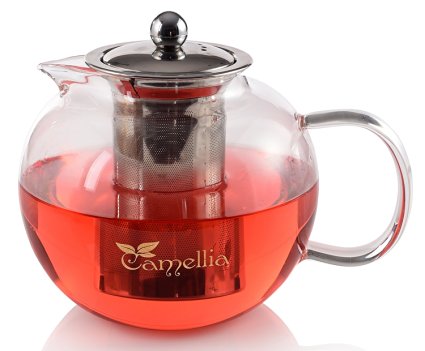 Camellia Teapot with Stainless Steel Infuser, Borosilicate Glass, Modern Design Tea Pot - Holds 5 Cups, 40 Ounce.