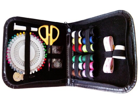 Sew Sewy - Sewing Kit 12 Spools of Thread 2x black & white Pins Self-Threading Needles, Scissors, Tape Measure, Thimble, Buttons, Safety Pins-Hems Seams Repairs-Beginners & Professionals Kids Adults Men - PU leather case Black - Travel Home Office