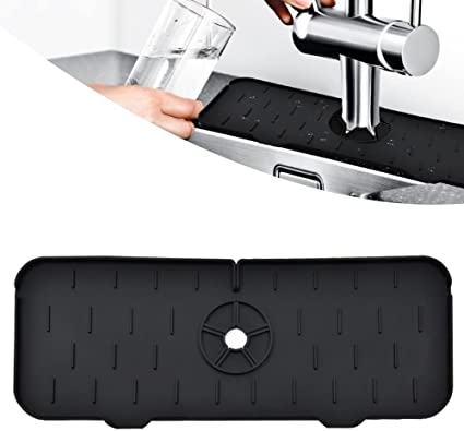 Silicone Kitchen Sink Splash Guard, VSTM Faucet Water Drip Catcher Mat, Sink Drain Pad Behind Faucet, CounterTop Protector Drying Mat Racks for Bathroom, Kitchen, Bar, RV and Farmhouse (Black)