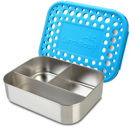 LunchBots Trio Stainless Steel Snack Container, 3 Section, Stainless Steel Lid, Aqua Dots Cover, Dishwasher Safe
