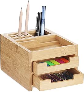 Navaris Small Wooden Desk Organiser - 12.7 x 15 x 9.4 cm Compact Holder Made of Bamboo Wood with Drawers, Tray, Pen Pot - For Work or Home Office