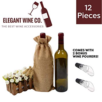 12 Pcs Burlap Wine Bags with Drawstrings Plus 2 Bonus Wine Pourers - Made of Jute/Hessian Fabric - Perfect for a Gift, Travel, Wedding, Birthday, Housewarming and Dinner Party - 13 x 5 Inch - Brown