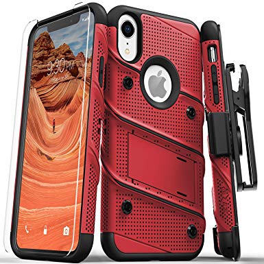 Zizo Bolt Series Compatible with iPhone XR Case Military Grade Drop Tested with Tempered Glass Screen Protector Holster and Kickstand RED Black