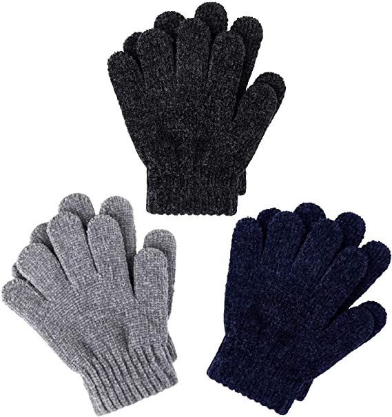 Cooraby 3 Pairs Warm Chenille Gloves Kids Stretchy Cashmere Knitted Gloves for Girls, Boys