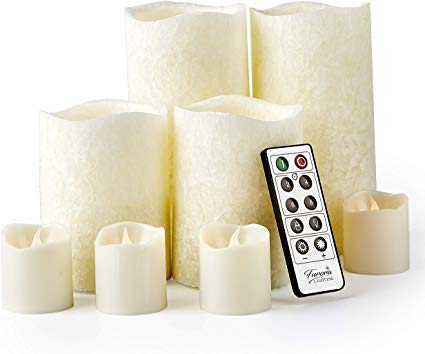 Furora LIGHTING LED Flameless Candles with Remote Control, Set of 8, Real Wax Battery Operated Pillars and Votives LED Candles with Flickering Flame and Timer Featured - Crystallized Ivory