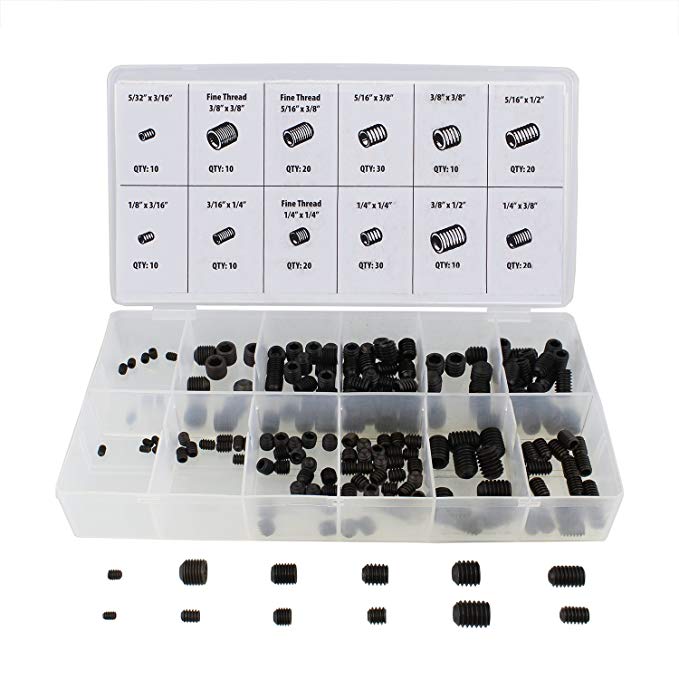 ABN Set Screw 200-Piece Assortment Set – Standard SAE Hex Allen Head Grub Screw Kit – Coarse & Fine Thread Screws