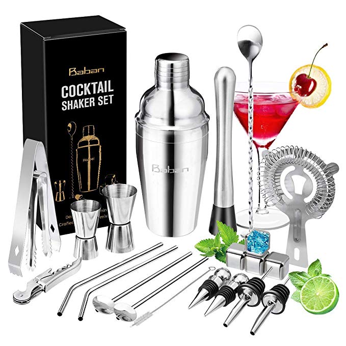 Baban Cocktail Set, Cocktail Making Set 22 Pcs Barware Sets 550ml Stainless Steel Bar Tool Set Bartender Kit with 4 Whiskey Stones Cocktail Gift Set with Cocktail Book