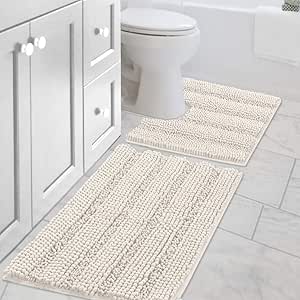 H.VERSAILTEX Bathroom Rugs Bath Rug Set 2 Piece Bathroom Contour Rug Toilet Mat Sets Non Slip Contour Bath Rug Ultra Thick Water Absorbent Striped Bath Mats Washable(20" x 32" Plus 20" x 20" U, Ivory)