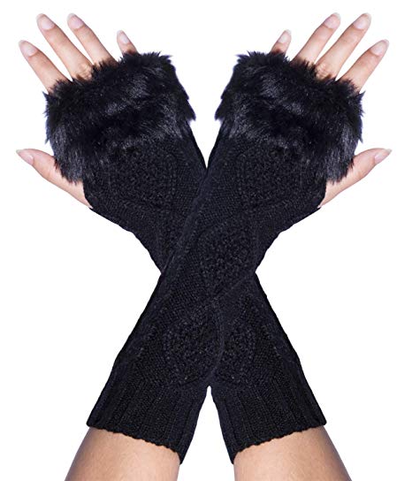 2 Pairs Women Winter Warm Knit Fingerless Gloves Hand Crochet Thumbhole Arm Warmers Mittens