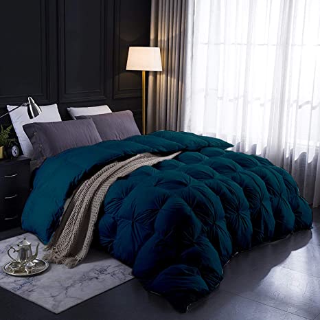 All-Season Goose Down Pinch Pleated Comforter 100% Egyptian Cotton 1000-TC Corner Tebs Hypoallergenic Wrinkle & Fade Resistant Box Pintuck Comforter Set 98x98" OverSize Queen Teal Green Solid