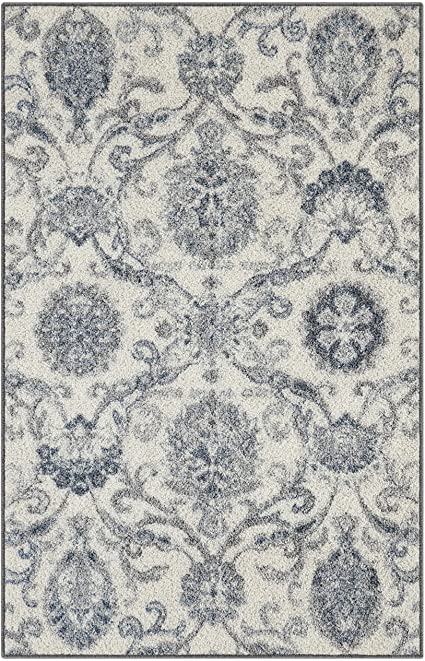 Maples Rugs Blooming Damask Kitchen Rugs Non Skid Accent Area Floor Mat [Made in USA], 2'6 x 3'10, Grey/Blue