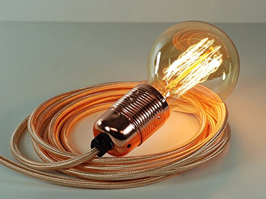 4m Rose Gold Fabric Cable Plug In Pendant Light E27 Copper Fitting & Globe Edison Bulb